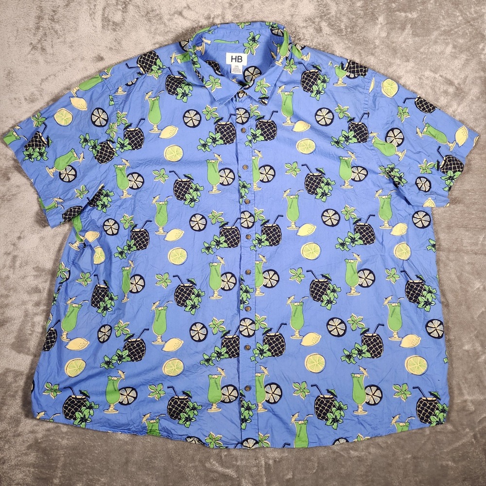 HB‎ Button Down Shirt Mens 5XL Blue Excellent Tropical Cocktail Pineapple Cotton